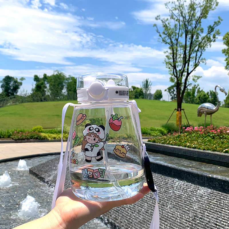 高颜值运动带吸管水壶双饮口塑料大肚杯卡通可爱女生简约外出便携