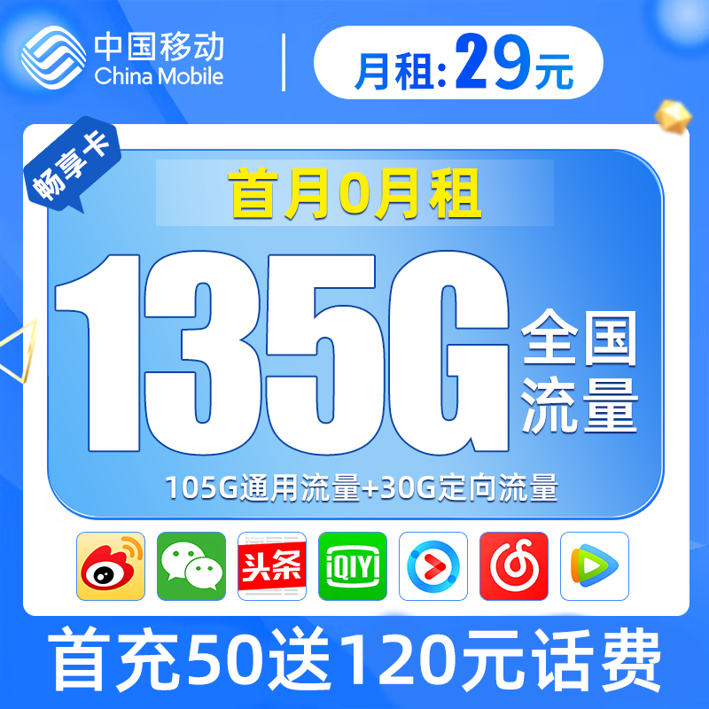 【中国移动】本地归属，套餐畅享卡卡29/135G流量卡首月免月租免费领