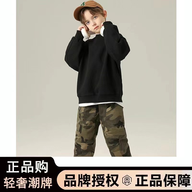 潮牌儿童卫衣加绒加厚冬款男童上衣新款套头衫帅气中大童打底衫潮