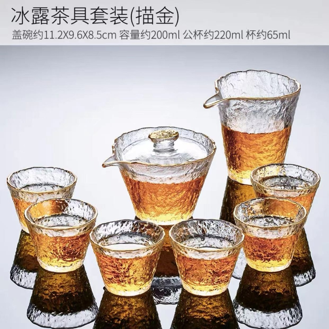 冰露描金玻璃茶具用品家用功夫茶杯套装日式轻奢高档高端金边盖碗