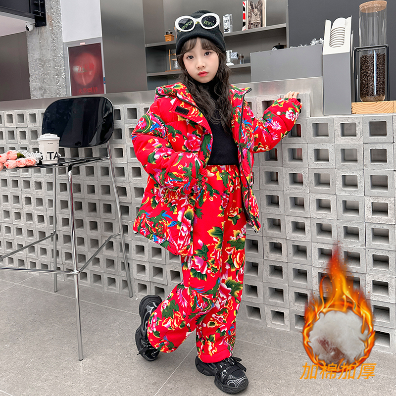 女童2023新款东北花棉袄套装女中大童国潮加厚保暖冬季时尚棉服潮