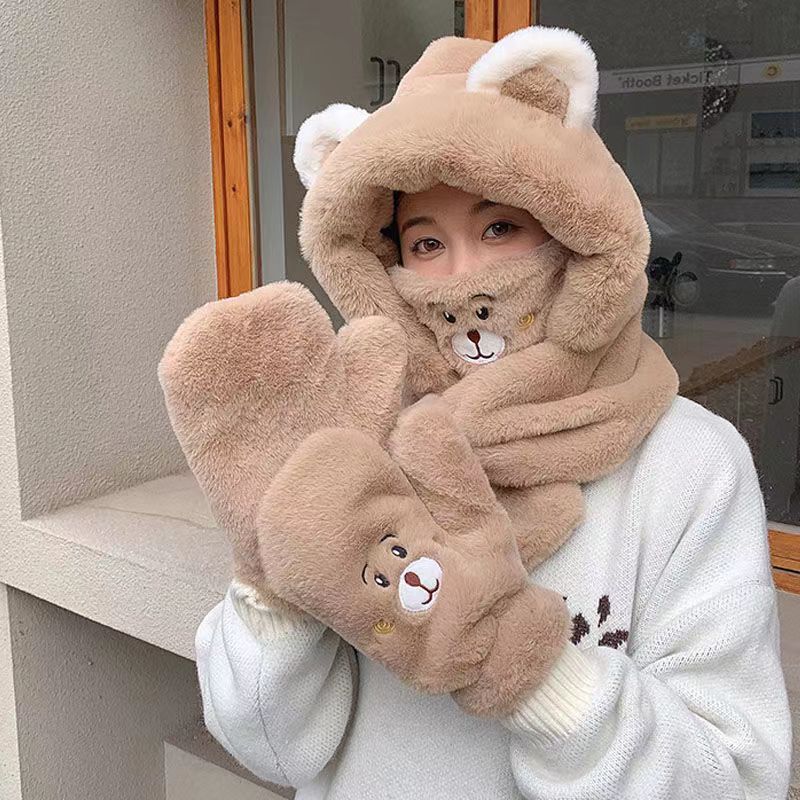 围脖秋冬款毛绒小熊帽子围巾手套一体保暖三件套装2023新线针织帽