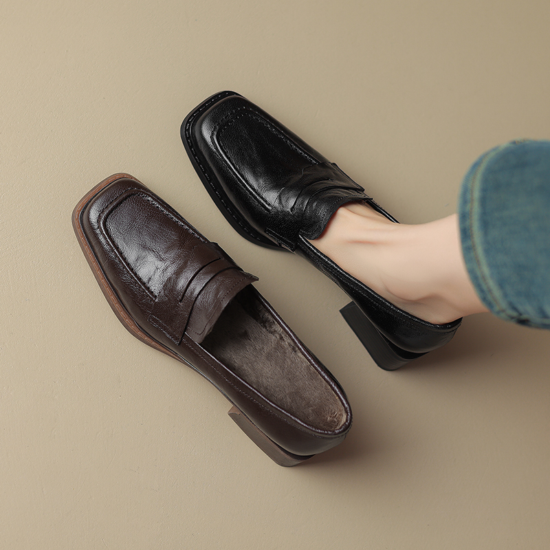 4cm 羊皮真皮方头乐福鞋2024秋冬复古棕色小皮鞋英伦加绒粗跟单鞋