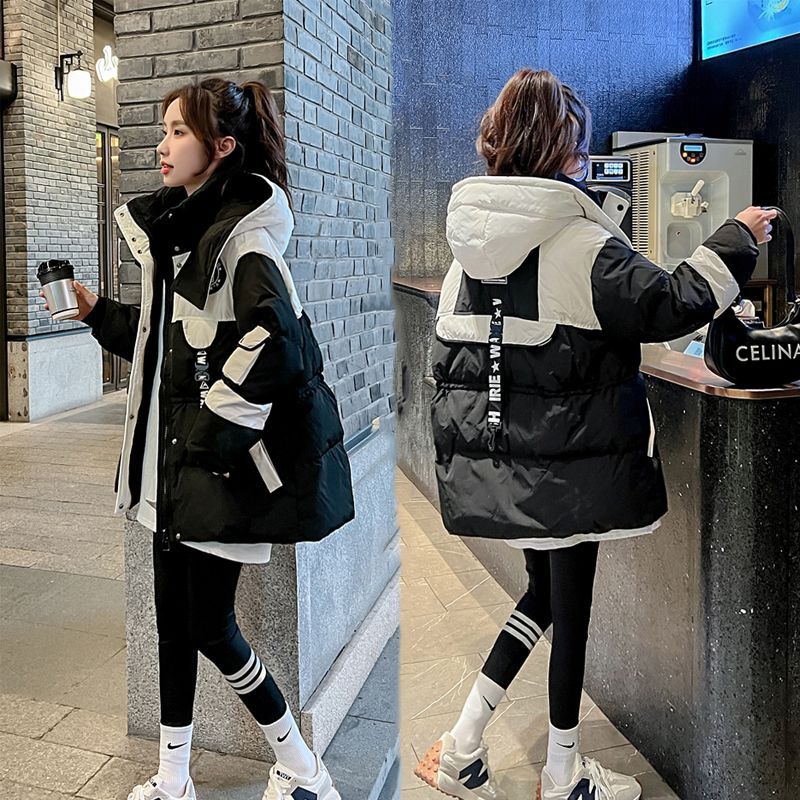 黑色中长款派克羽绒棉服女2024冬季新款小个子宽松显瘦连帽棉衣潮