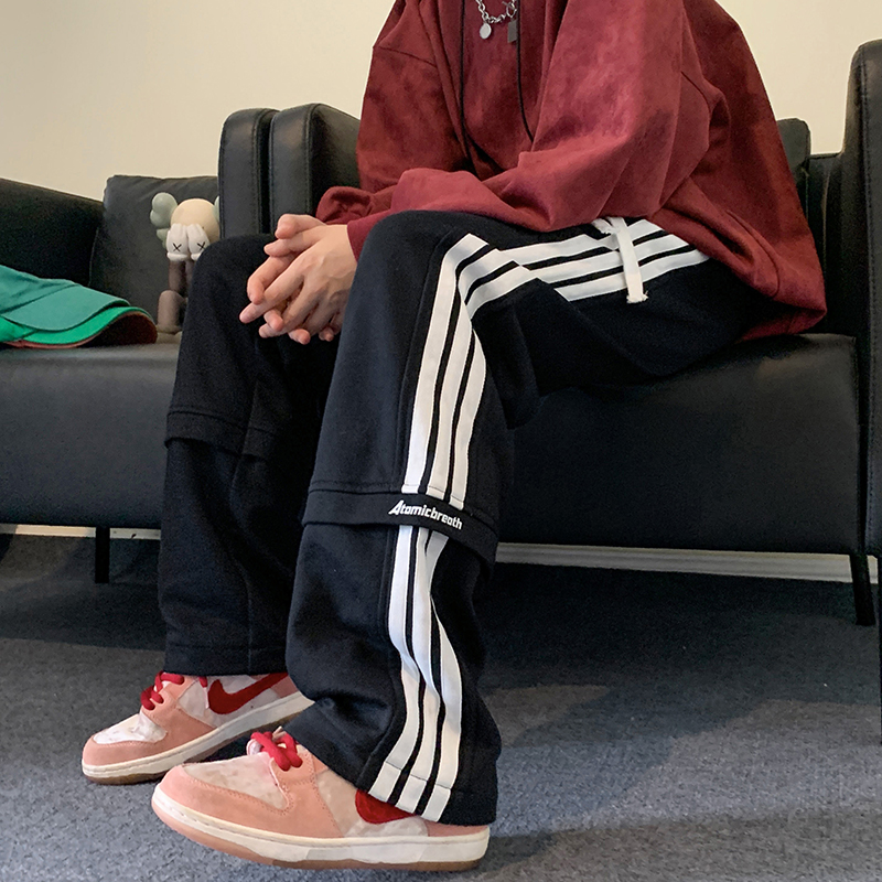 美式复古vibe裤子三道杠秋季纯黑色运动卫裤男秋季cleanfit休闲裤