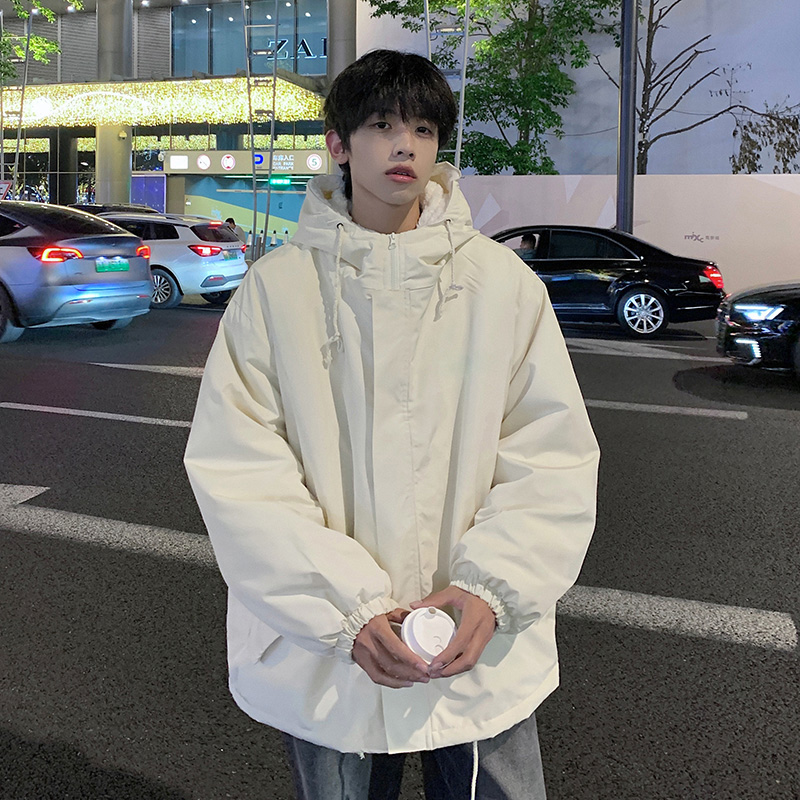 羊羔绒棉服男春秋季美式复古青少年连帽保暖外套加绒加厚宽松棉衣