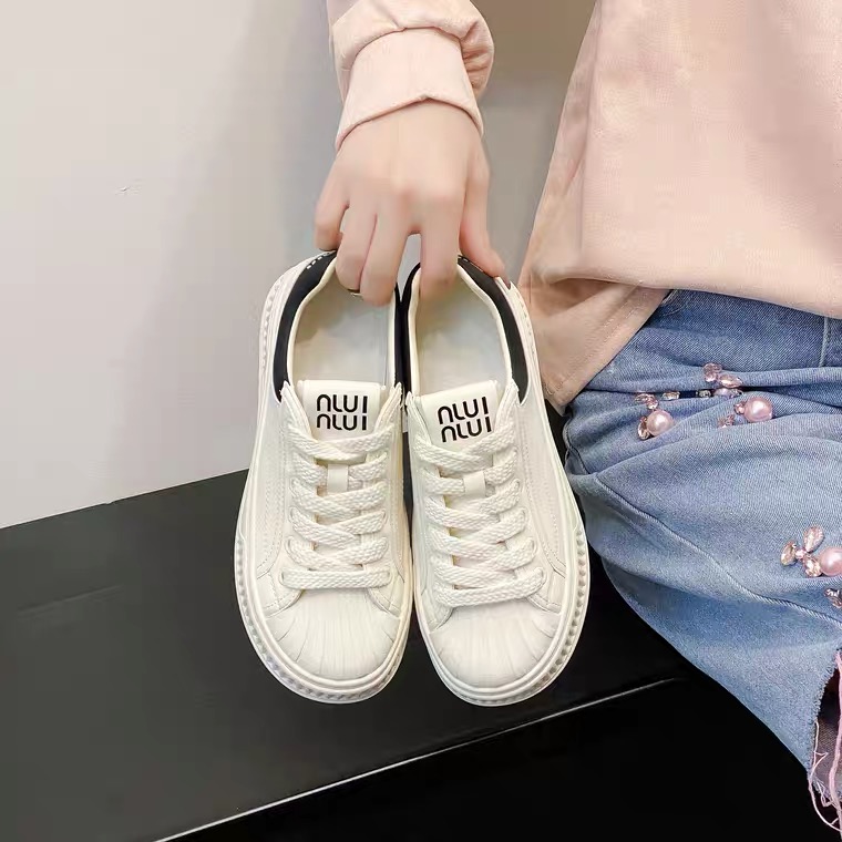 贝壳头真皮小白鞋女2023秋季新款韩版饼干鞋5533厚底系带休闲板鞋