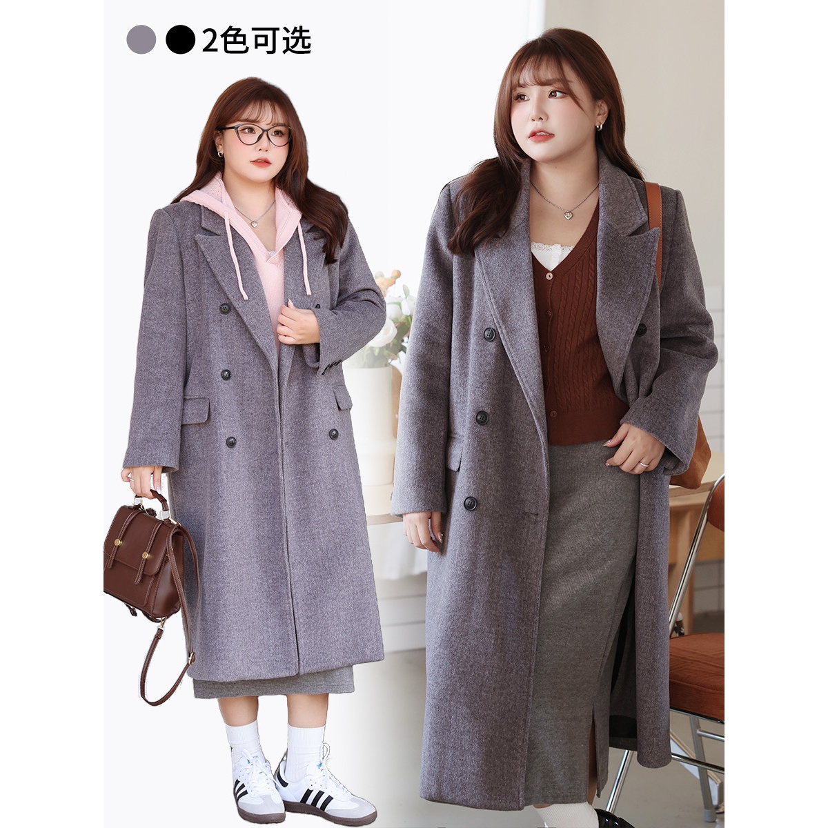 时髦西装式中长款呢大衣润其8800大码女宽松长款大衣N8800
