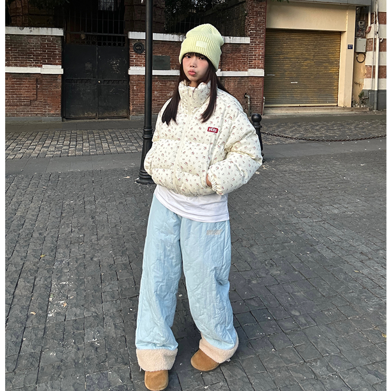 HAVEU冬季新款碎花满印立领短款美式加厚保暖棉衣面包服棉服外套
