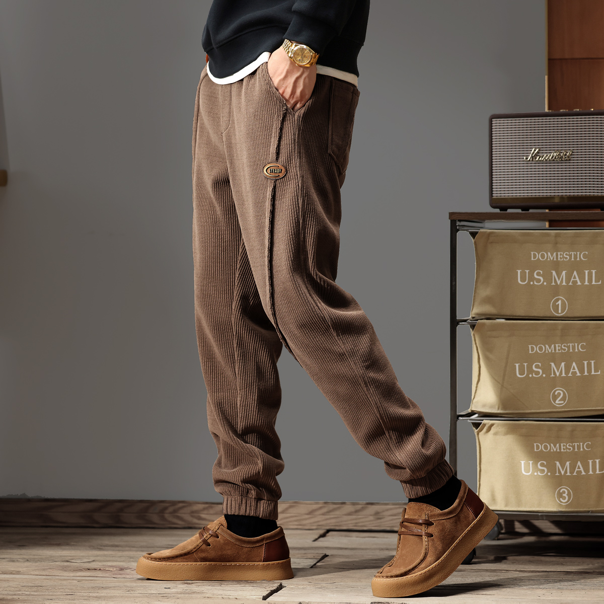 格蓝鹿美式重磅灯芯绒男士休闲裤秋冬新款潮牌宽松休闲束脚卫裤男