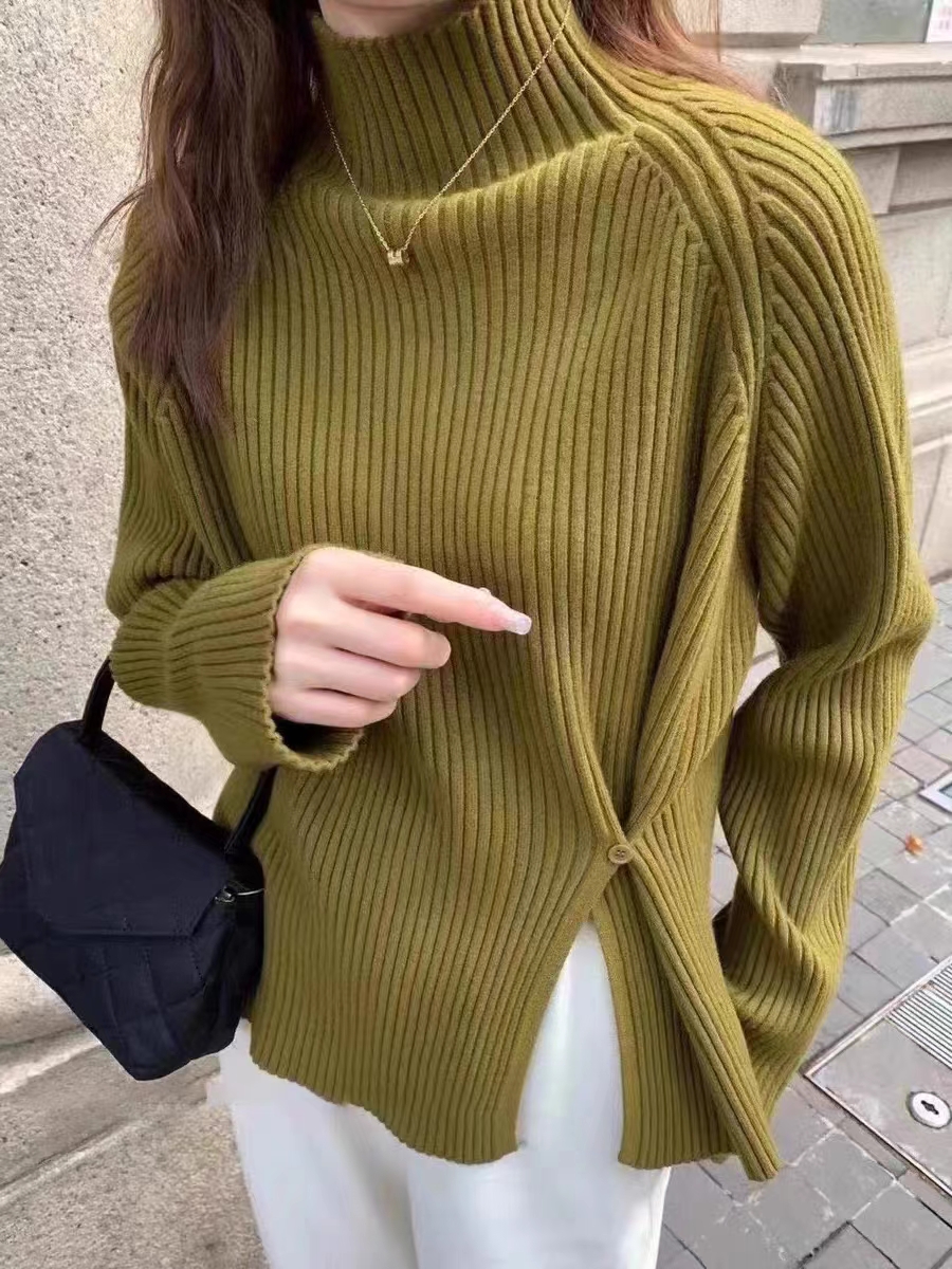 半高领打底针织毛衣开叉设计百搭上衣