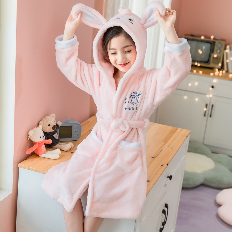 儿童浴袍法兰绒女童秋冬季2023新款中大童女孩长款加厚珊瑚绒睡袍