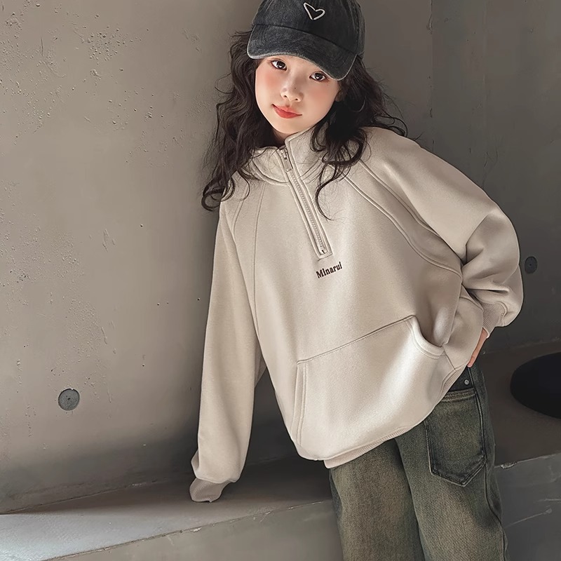 女童秋冬加绒立领卫衣2023新款中大童套头衫加厚韩版女孩拼接上衣
