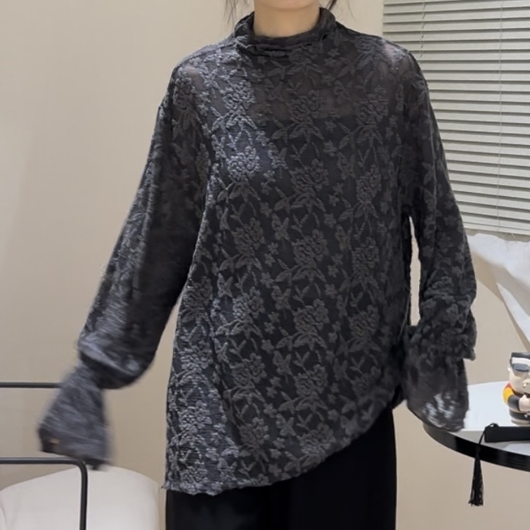 去月球 原创【思凡】亲肤蕾丝提花中高领打底衫T恤