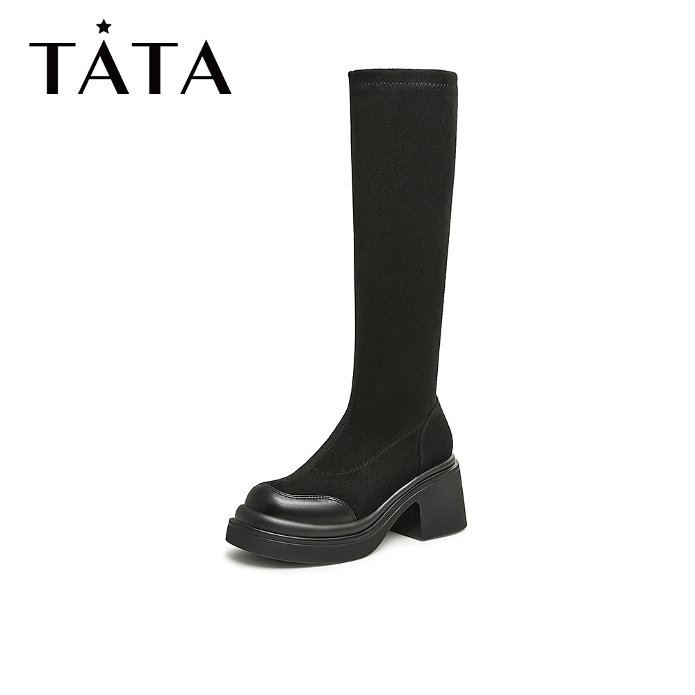 【邓莎优享】Tata/他她时尚拼接圆头厚底弹力长靴时装靴女WEC01DG3