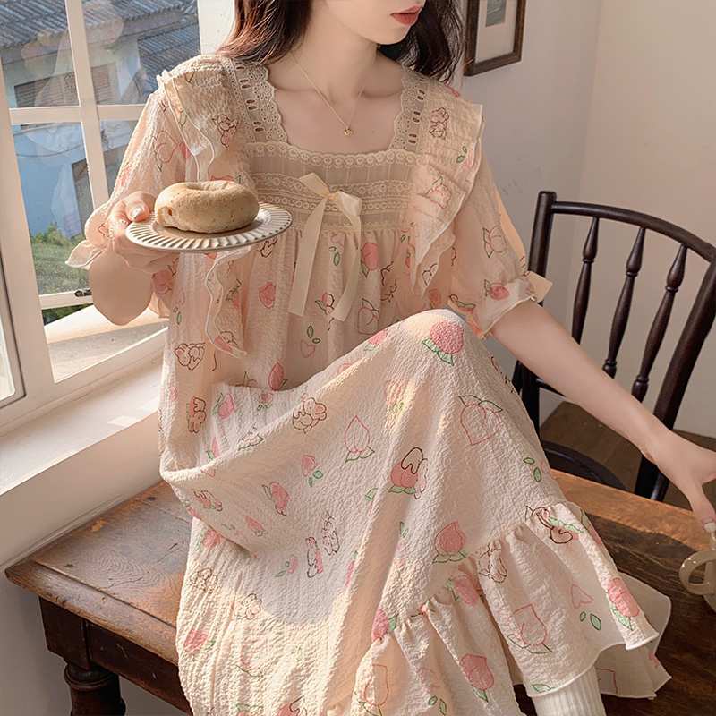 睡裙女夏季短袖睡衣中长款宽松夏天甜美可爱少女宫廷风春秋家居服