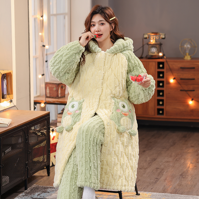 长款睡袍女秋冬三层夹棉睡衣珊瑚绒连帽加厚加绒法兰绒家居服套装