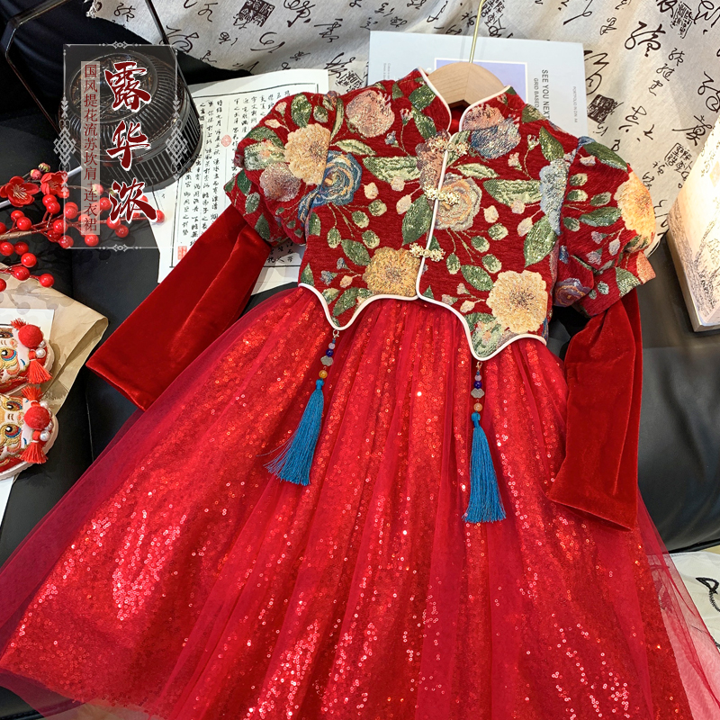 女童红色拜年服儿童冬款国风刺绣披肩裙子小女孩过年服装M23189