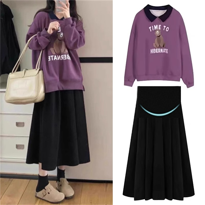 孕妇装秋冬时尚套装2024新款紫色卫衣小个子怀孕托腹半身裙两件套