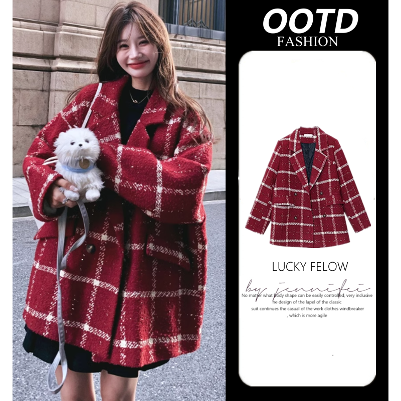 孕妇红色格纹毛呢外套女新款龙年本命年衣服圣诞节加绒小香风西装
