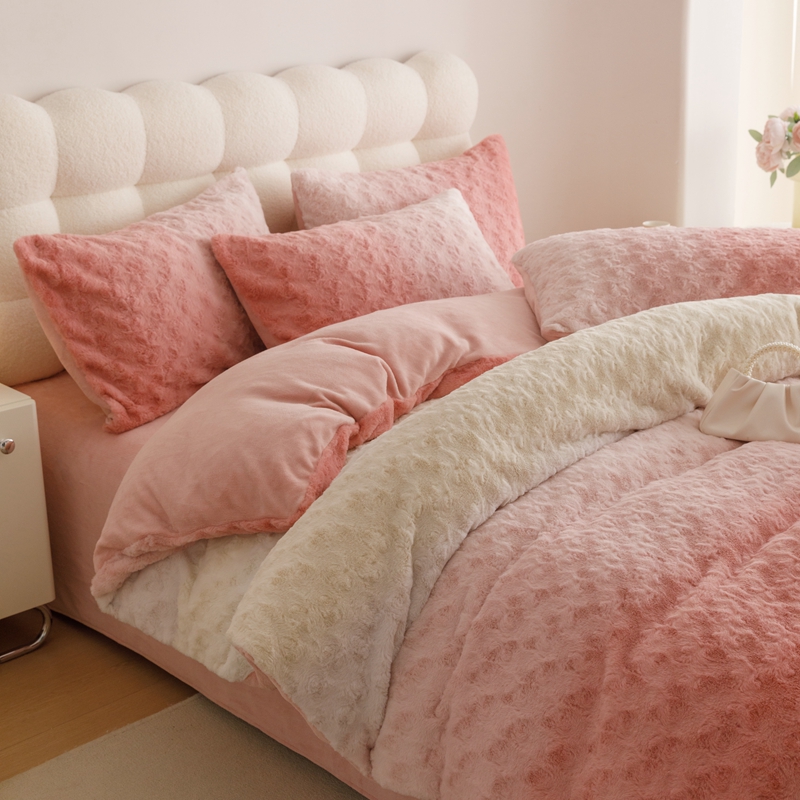 TeddyBear/泰迪熊【晶咕晶晶】渐变玫瑰仿兔绒四件套加厚毛绒套件