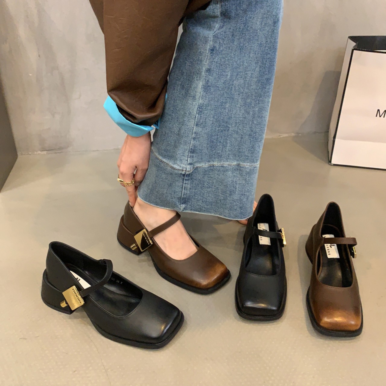 粗跟黑色方头玛丽珍单鞋女鞋子2023年新款春秋季复古英伦风小皮鞋