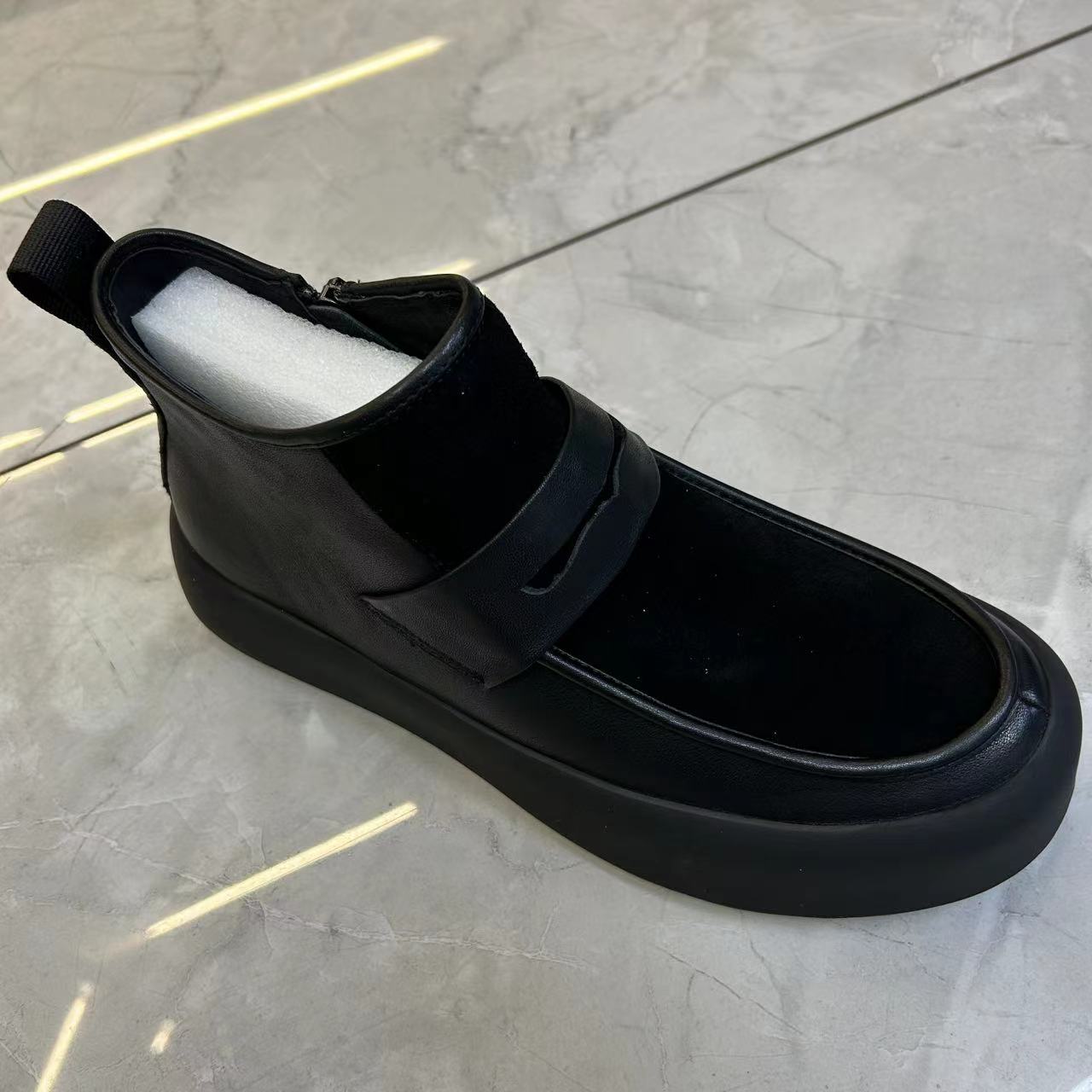 拉链摩砂皮高帮豆豆鞋短靴加绒保暖黑色