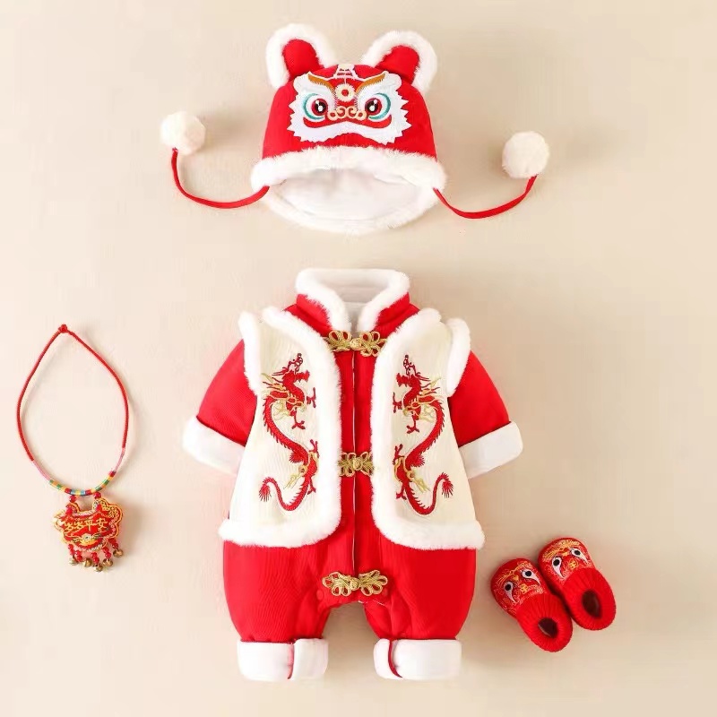 L【优选】婴儿中国风双龙绣花年服新年喜庆红色连体衣加厚外出服WX