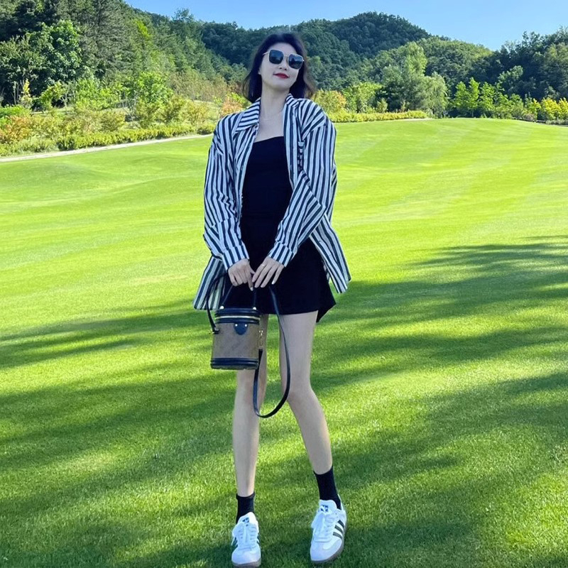 韩版黑色无袖吊带连衣裙子女新款条纹长袖衬衫穿搭秋两件套装D794