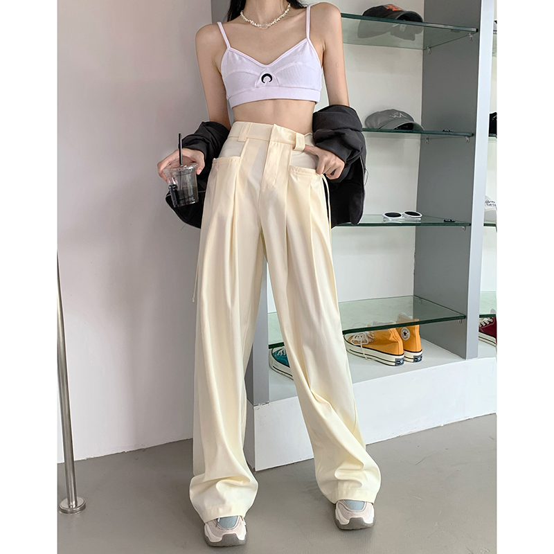 米白色阔腿裤女春夏宽松直筒休闲裤高腰显瘦窄版垂感拖地西装裤子