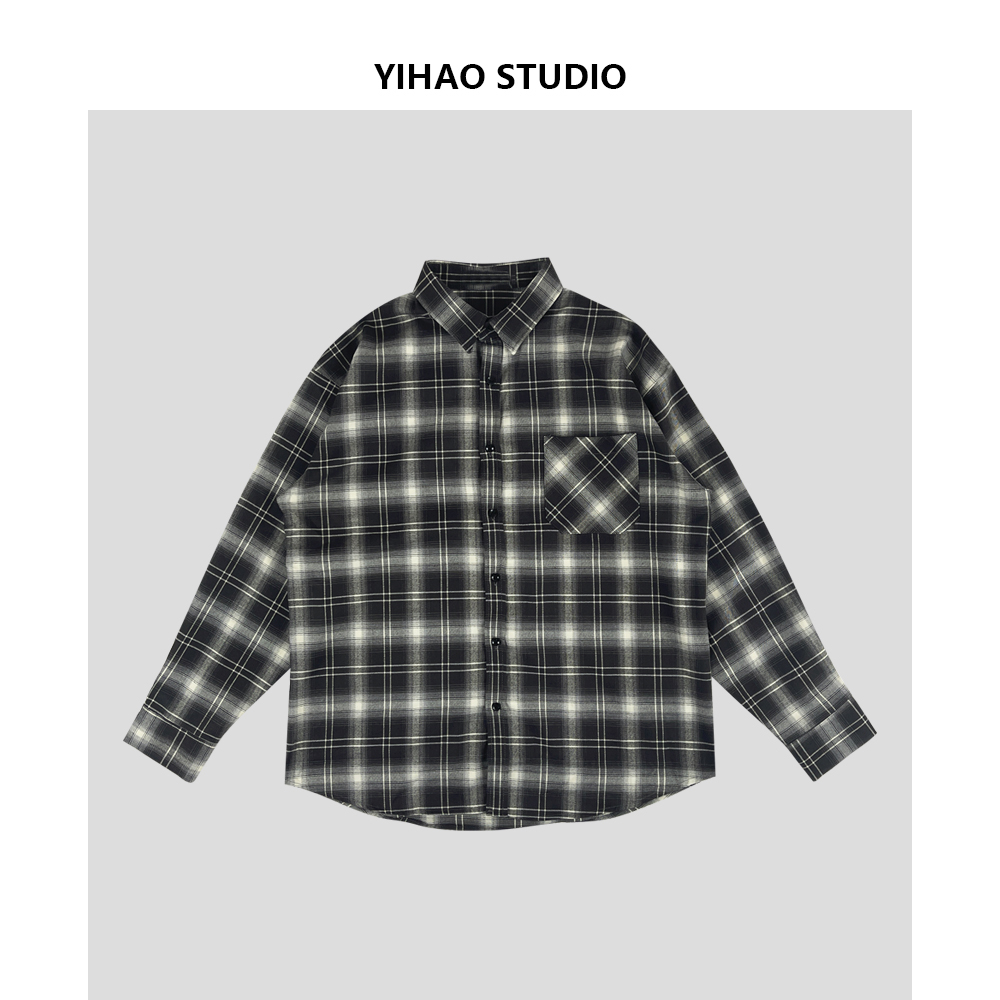 YIHAO STUDIO秋季新品格仔衬衫百搭宽松经典格子通勤日常长袖衬衣
