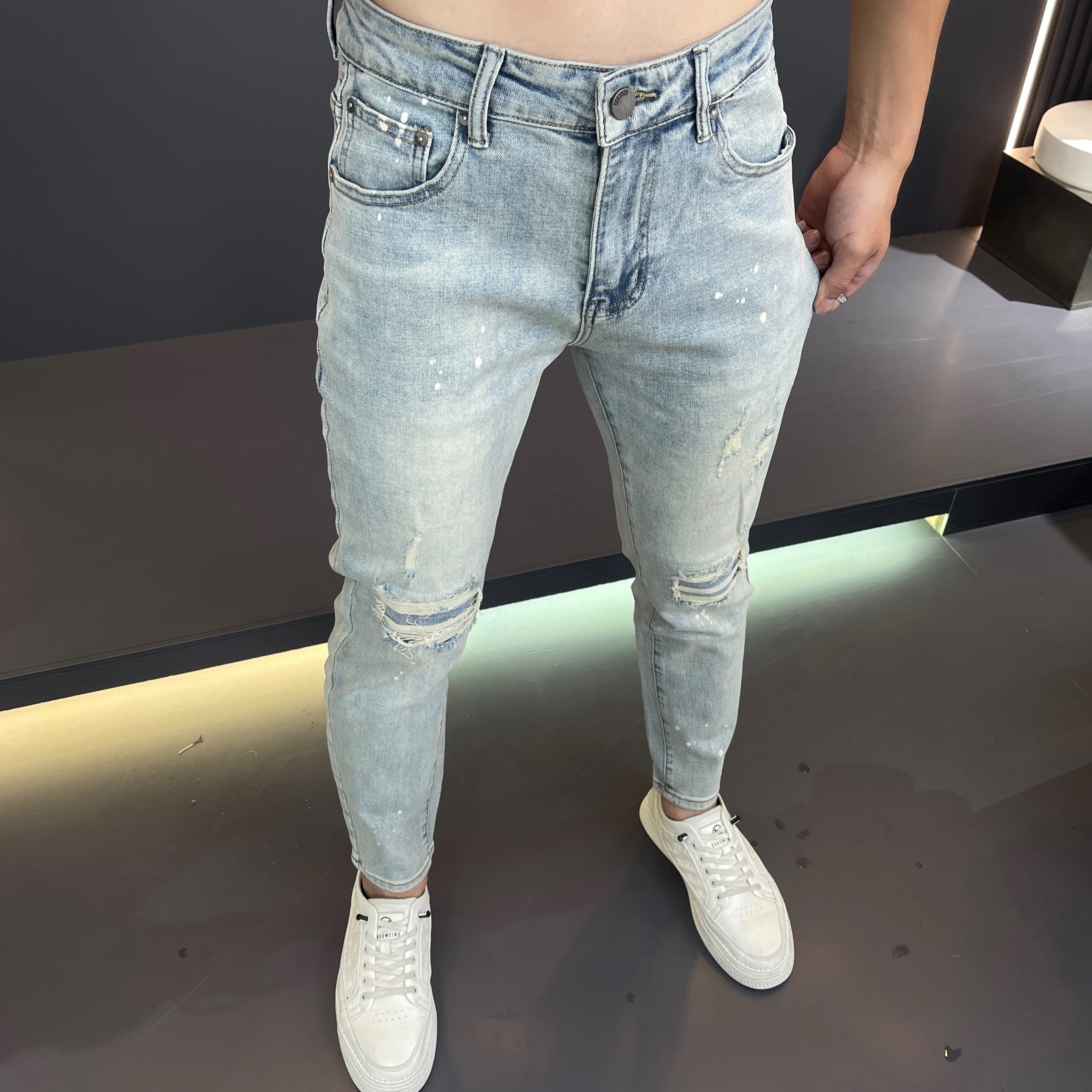 名图服饰夏季修身小脚破洞男士牛仔裤时尚潮流浅色系牛仔裤6038