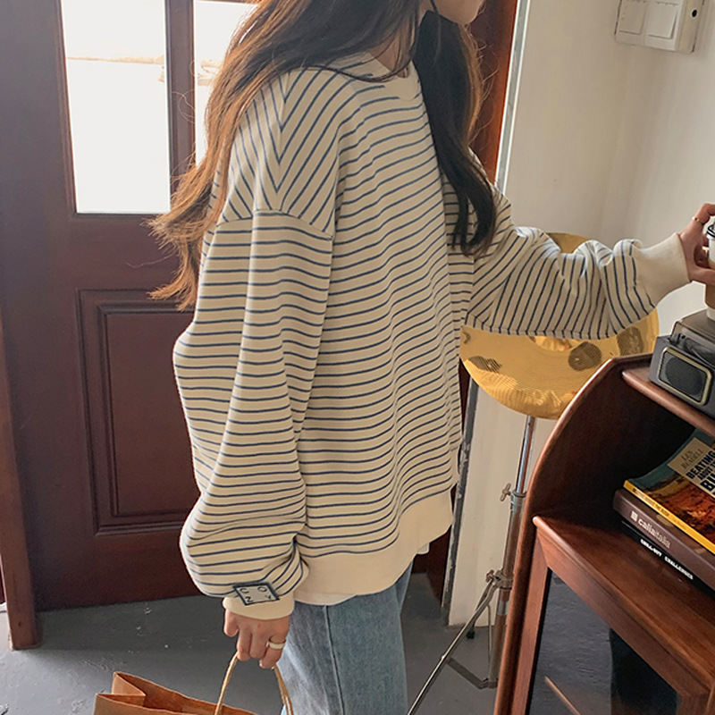 亦声2023年秋冬新款设计感条纹卫衣女韩版宽松港味复古早秋上衣女
