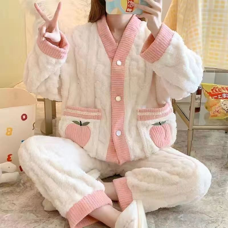 2023新款加厚秋冬款睡衣女开衫大码外穿家居服套装