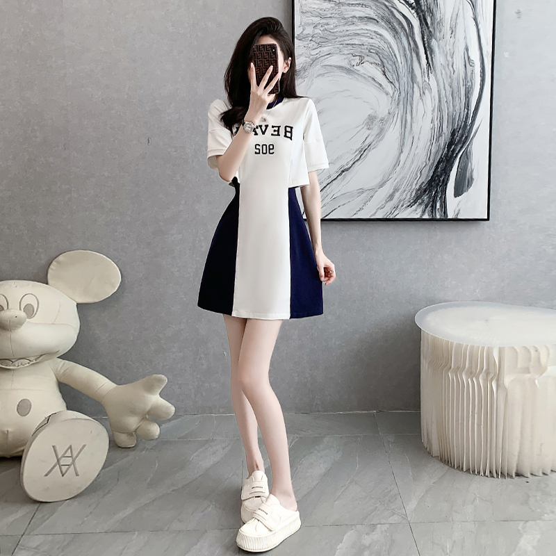 夏天休闲显瘦连衣裙女时尚气质减龄小个子裙子白色拼接t恤裙