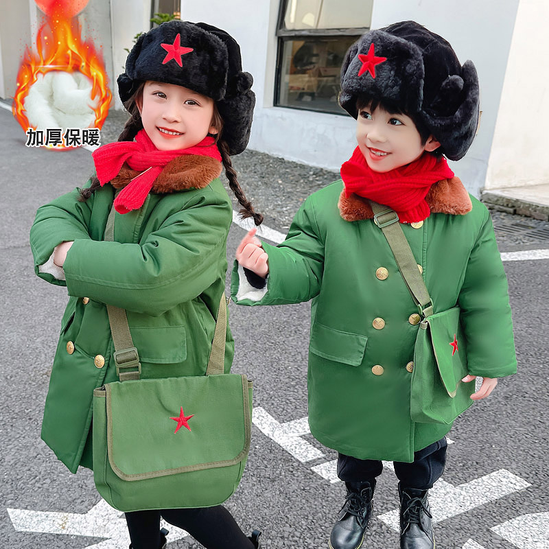 儿童军棉大衣男童棉服加绒冬装棉袄小童宝宝东北加厚军绿棉衣男孩