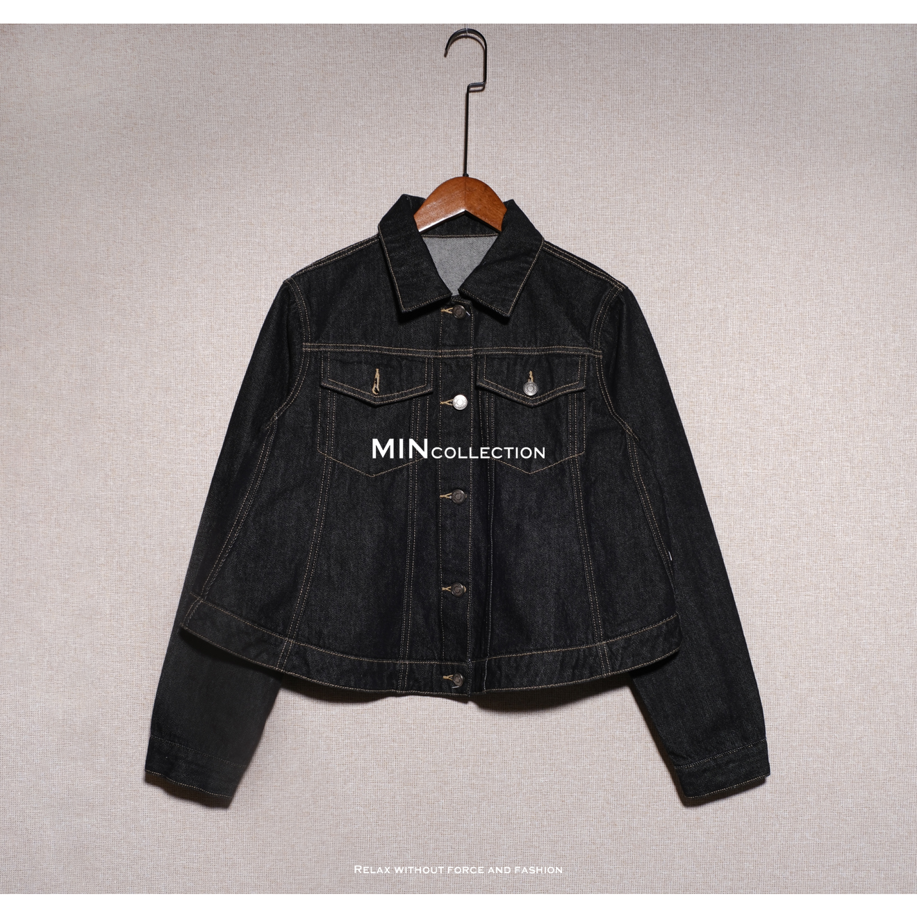Min 明线牛仔/双口袋翻领下弧摆夹克牛仔外套