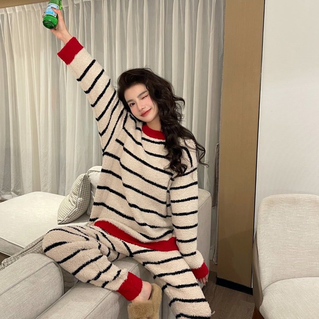 2023年新款半边绒睡衣冬季女款加绒加厚套装冬款条纹软绵绵家居服