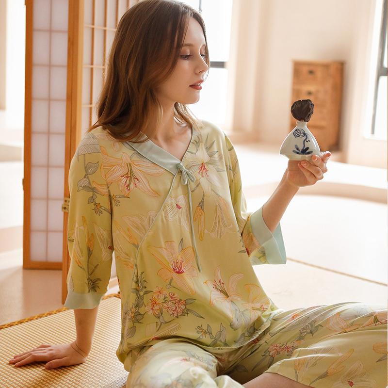 国风绿百合贡缎棉绸睡衣女春夏秋季古风宽松薄款套头家居服两件套