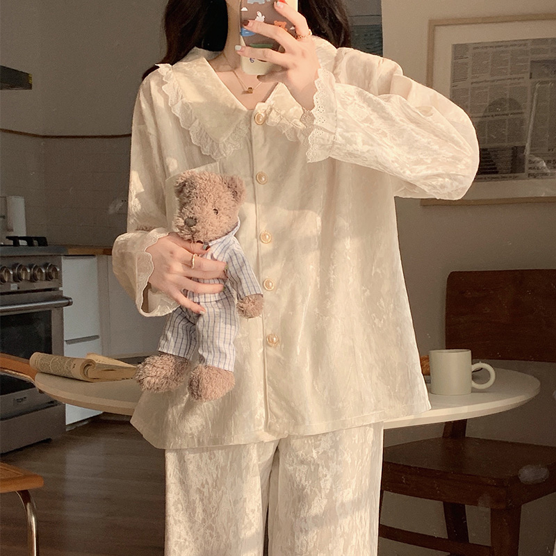 金丝绒睡衣女春秋季长袖长裤甜美公主风花边春秋款女款家居服冬季