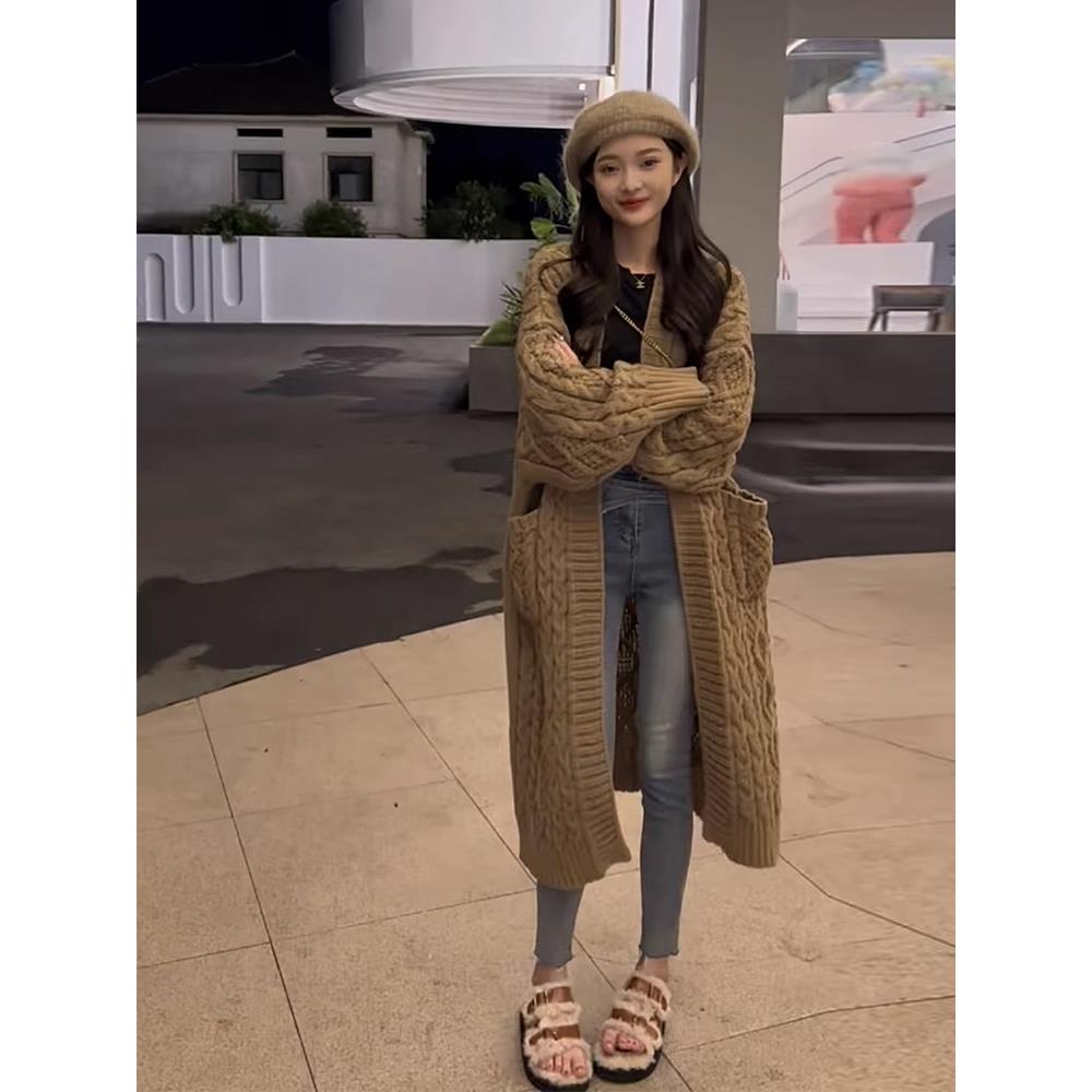 慵懒风棕色麻花粗线毛衣外套女秋冬居家开衫中长款加厚日系美拉德