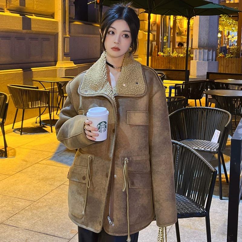 羔毛短外套女冬季2023新款皮毛一体皮衣机车服夹克超厚羔绒夹克