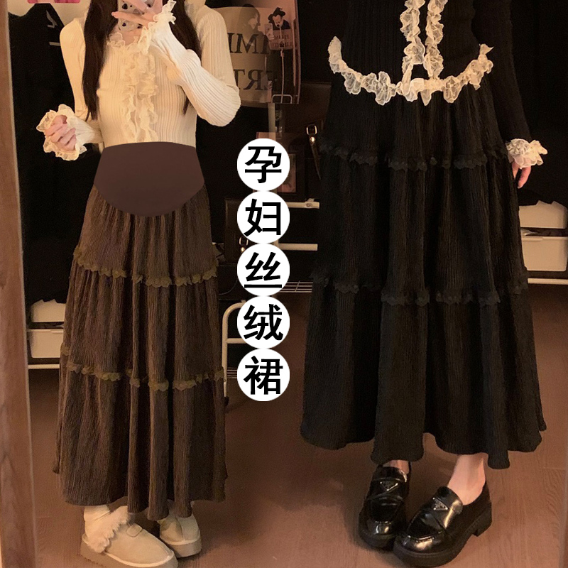 8579孕妇半身裙秋冬蕾丝花边拼接丝绒显瘦A字托腹长裙子大码百搭