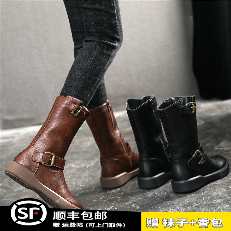 百搭马丁靴女英伦风2023新款秋冬季新品复古妈妈百搭靴子女中筒靴