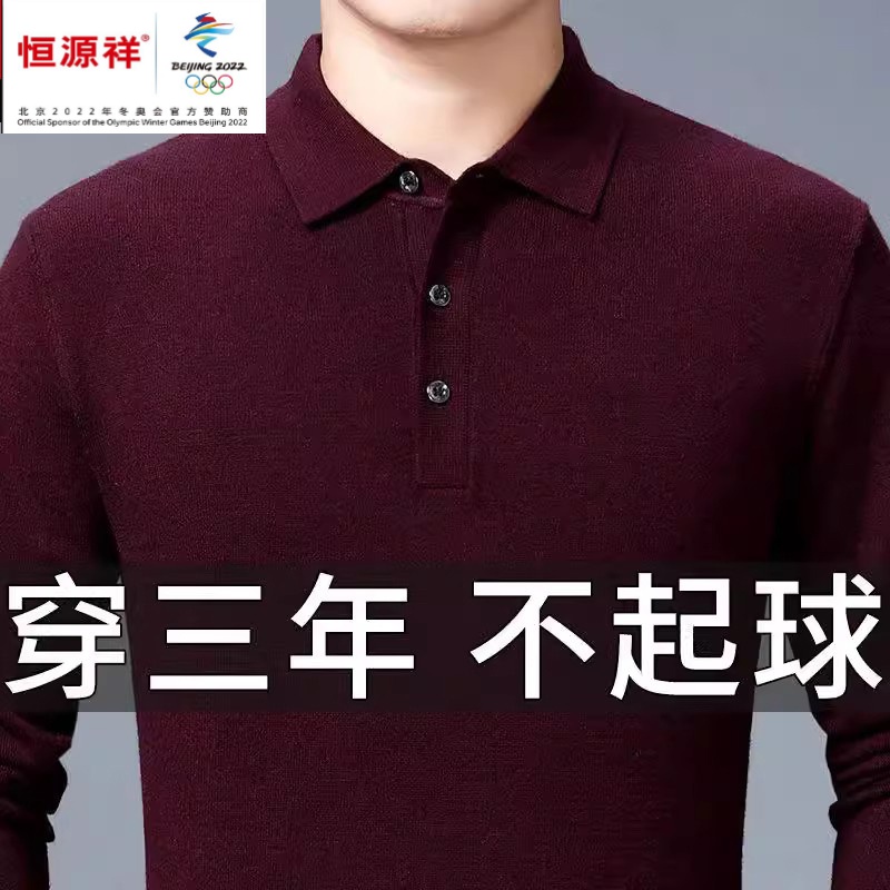 恒源祥集团彩羊长袖T恤男春秋羊毛衫T恤高档翻领中年纯色休闲打底
