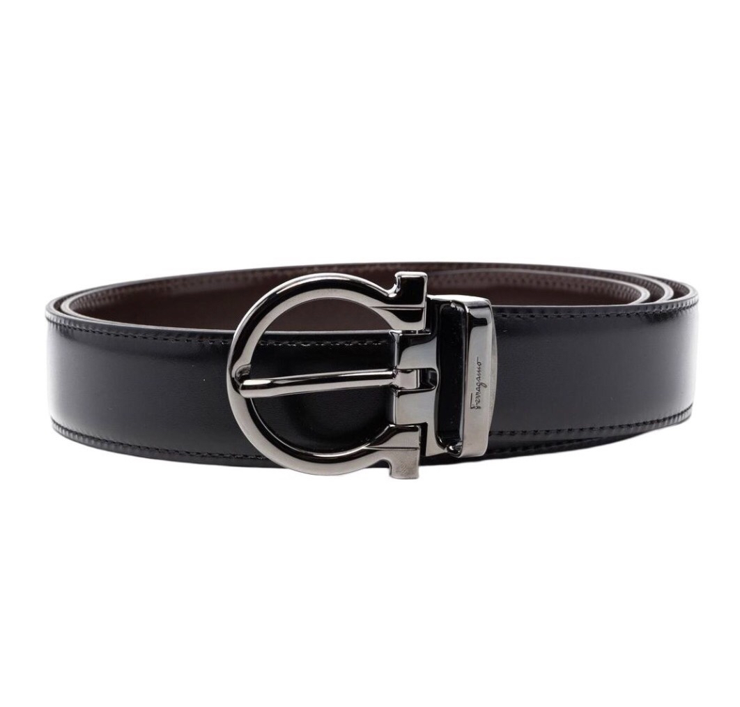 99新 FERRAGAMO/菲拉格慕 亮黑针扣扣头 光面 95码 黑咖啡3cm