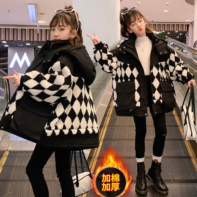 女童冬装外套2023新款洋派儿童羊羔绒加绒棉衣秋装女大童棉服加厚