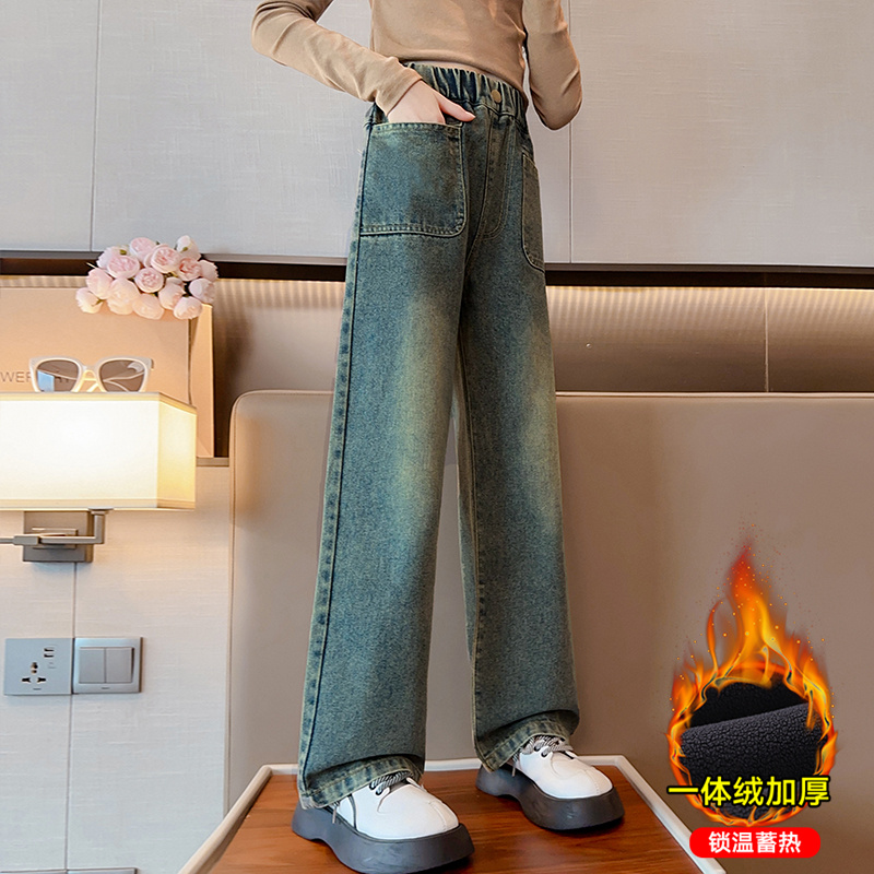女童秋冬款加绒牛仔宽裤2024儿童中大童冬季洋派百搭宽松长裤潮