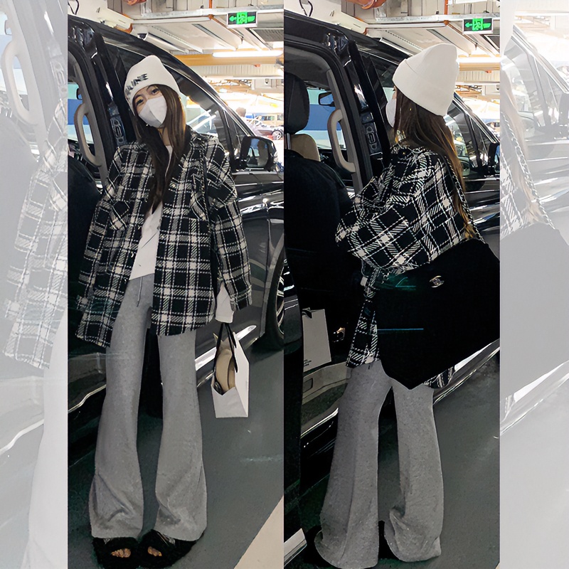 [宠粉]曾小咸秋冬新款复古黑白格子长袖衬衫小众设计宽松长袖衬衣