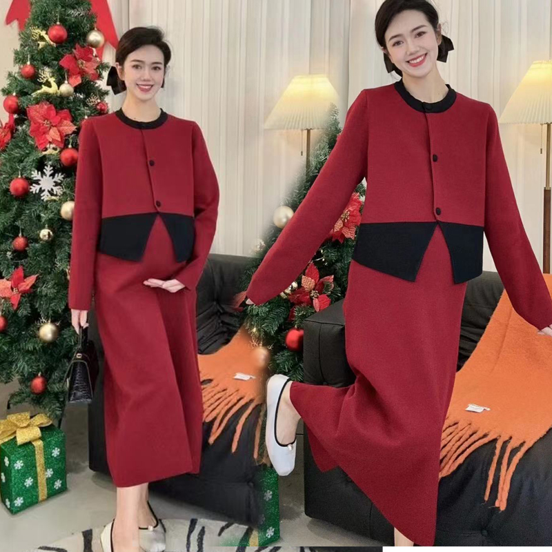 孕妇套装2024圣诞新款红色小香风气质洋气圆领上衣+半身裙两件套